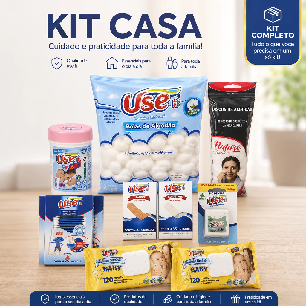 Kit Família — Kit Casa com 11 itens Use It e Nature: toalhas umedecidas, algodão, curativos, fio dental e hastes